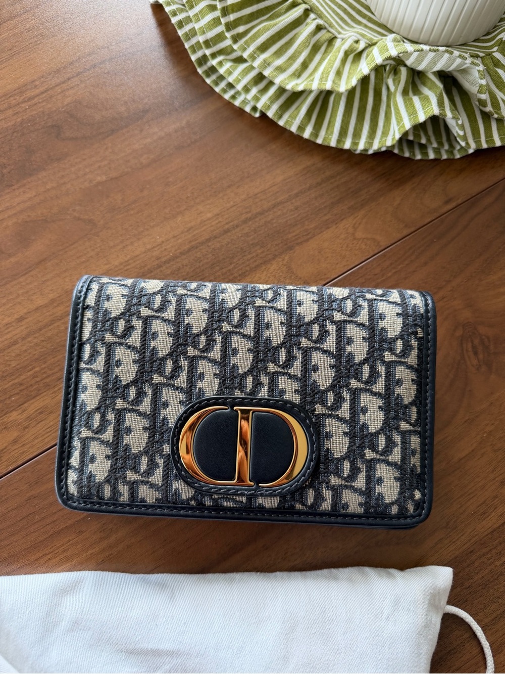 Dior Beige and Navy Oblique Mini Wallet with Gold CD Clasp